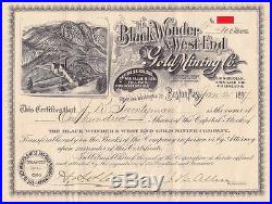 Black Wonder & West End Gold Mining Co, Stock Certificate 100 Shares, USA 1897