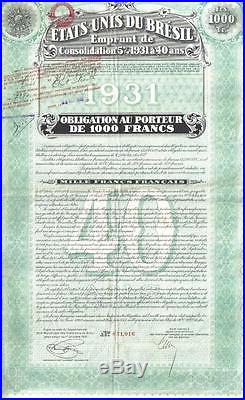 Brazil 5% Bond 1931 State Consalidation Loan 1000 fr Uncancelled Deco coupons