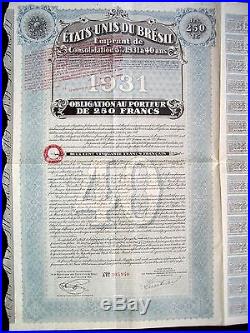 Brazilian 1931 Etats Unis Bresil 250 Francs Coupons UNC Bond Loan Share Emprunt