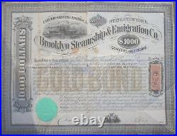 Brooklyn Steamship and Navigation 1000 $ Gold Bond State of New York 1867 unc