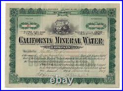 CALIFORNIA 1909 California Mineral Water Company Stock Certificate A F du Pont