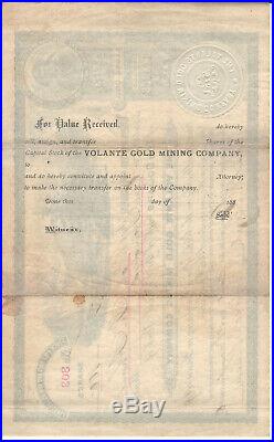 CALIFORNIA stock certificate VOLANTE GOLD MINING CO near Town of El Dorado 1886
