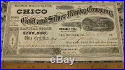 CHICO GOLD & SILVER MINING CO STOCK CERTIFICATE 1867 Humboldt County Nevada