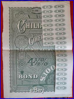 CHILE 100£ uncancelled government bond 1900 Coquimbo Railway +coupons plan 1948