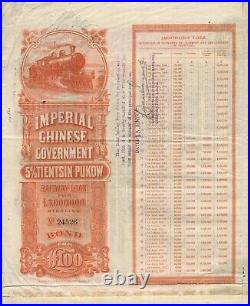 CHINESE GOVERNMENT 1908 TIENTSIN PUKOW RAILWAY £100 BOND LOAN with COUPONS
