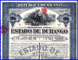 CHOICE CRISP BLUE 1907 ESTADO DURANGO MEXICO BOND w 44 COUPONS! SPECTACULAR FIND