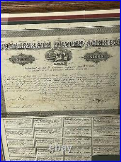 CONFEDERATE STATES OF AMERICA- 1864 Loan Bond $1000 Framed and Matted