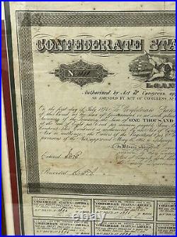 CONFEDERATE STATES OF AMERICA- 1864 Loan Bond $1000 Framed and Matted