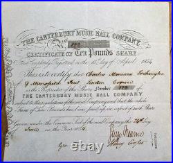 Canterbury Music Hall Company' 1854 Stock Certificate- Lambeth, London, England