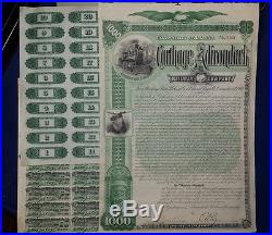 Carthage & Adirondack Railway Co 1883 4% Payable In Us Gold Coin Bearer Bond Nr