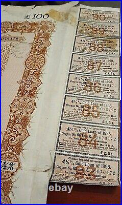 China 1898 Chinese Imperial Government 100 Gold Sterling Coupons Bond Loan DAB