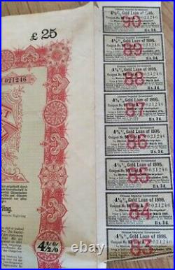 China 1898 Chinese Imperial Government £25 Gold Coupons NOT CANCELLED Bond Loan