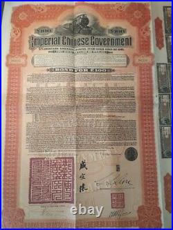 China 1911 Imperial Chinese Hukuang Railway 100 Sterling BIC Bank Gold Bond Loan