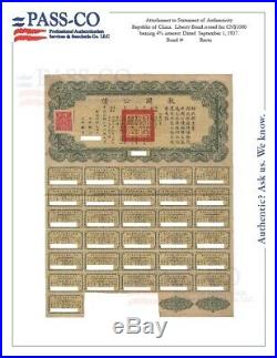 China 1937 Chinese Liberty 1000 $ Dollars 31 Coupons UNC Bond Loan Stock Pass-Co