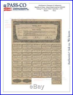 China 1937 Chinese Liberty 1000 $ Dollars 31 Coupons UNC Bond Loan Stock Pass-Co