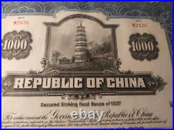 China 1937 Government Republic Chinese $ 1000 PADOGA Bond ABNC Loan