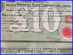 China Chinese 1885 Oriental Bank Corporation 100,000 Share Certificate