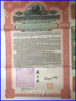 China Government 1911 Hukuang Railway £100 Bond With Coupons By American Banks