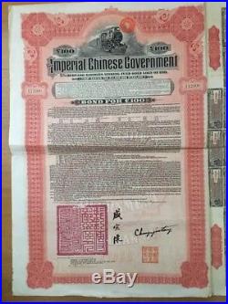 China Government 1911 Hukuang Railway £100 Bond With Coupons New York Bank