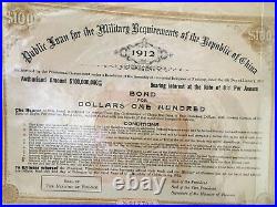 China Government 1912 Public 8% Loan For Military Usage $100 Bond With Coupons