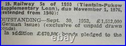 Chinese Government 5 % Tientsin Pukow Railway Bond 20 1910 uncanc. + coupons
