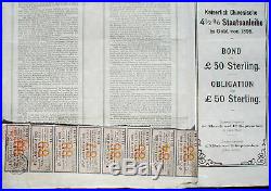 Chinese Imperial Government 4 1/2% Gold Bond 50 1898 uncancelled + coupons