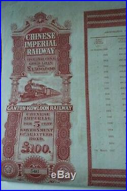 Chinese Imperial Railway 5% Gold Loan Canton Kowloon Railway Bond for 100 pounds