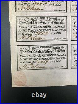 Complete untrimmed 1863 Civil War $500 bond 10 $17 coupons uncut treasury stamp^