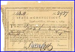 Connecticut Treasury Certificate Currency Note. 1789. Signed by Peter Colt