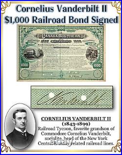 Cornelius Vanderbilt II $1,000 Railroad Bond Signed