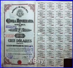 Costa Rica 1928 Cedula Hipotecaria Credito 100 Dollars Gold NOT CANCELLED Bond