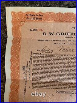 D. W. Griffith Inc. Class A Stock certificate 1921