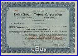 Doble Steam Motors Corporation 1923 Class A Common Stock Certificate (10 shares)