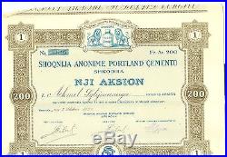 Document albania stocks, bonds, loans 1929 1 aksion 200 fr. Ar. +21 coupons UNIQUE