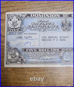 Dominion of Canada War Savings Certificate $5 June 1941 Mosten PO Saskatchewan