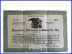 Duesenberg Automobile & Motors Co Inc 1921 Stock Certificate