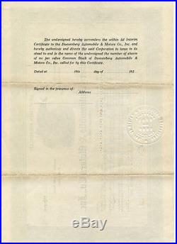 Duesenberg Automobile & Motors Co Inc 1922 Stock Certificate