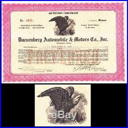 Duesenberg Automobile & Motors Co Inc IN 1922 Stock Certificate