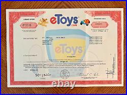 EToys.com stock certificate 2000 Pre-bankruptcy shares Multi-color Dot Com Crash