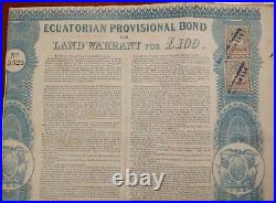 Ecuador 1855 Ecuatorian Provisional Land Warrant 100 Pounds Bond Loan Stock RARE