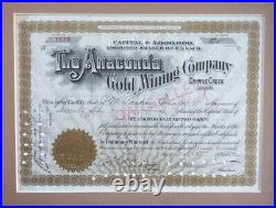 FRAMED ANACONDA MINE CANCELLED STOCK CERTIFICATE DATED 1892 with PHOTO OF MINE ORE