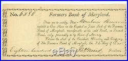 Farmers Bank of Maryland. Stock Certificate. 1807