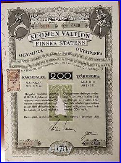 Finland 1938 Olympic Games Finska Statens 200 Mark Bond Loan Share Revenue RARE