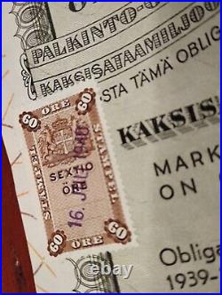 Finland 1938 Olympic Games Finska Statens 200 Mark Bond Loan Share Revenue RARE