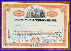 Four Star Television stock certificate 1964 RARE Orange 100 share variety