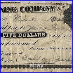 Franklin Mining Co Five Dollar Script Michigan Copper Mine