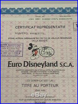 GENUINE EURO DISNEY STOCK CERTIFICATE EXCELLENT CRISP MINT CONDITION WithMICKEY