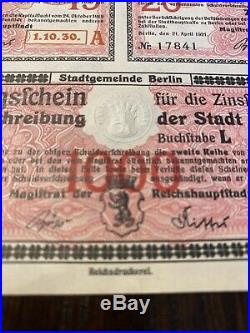 GERMAN BERLIN 1920 BOND 1000 Mark UNCANCELLED With COUPONS Lot Of 9