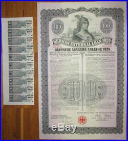 GERMANY 7% Dawes Gold Bond $100 1924 UNCANCELLED +coupons SCRIPOTRUST certified