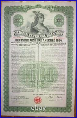 GERMANY 7% Dawes Gold Bond $1000 1924 SCRIPOTRUST certified